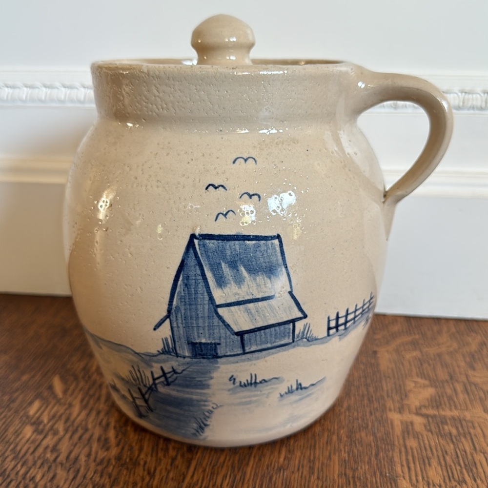 Vintage F.R. Storie Pottery Crock with Lid Marshall TX Farmhouse Utensil Holder